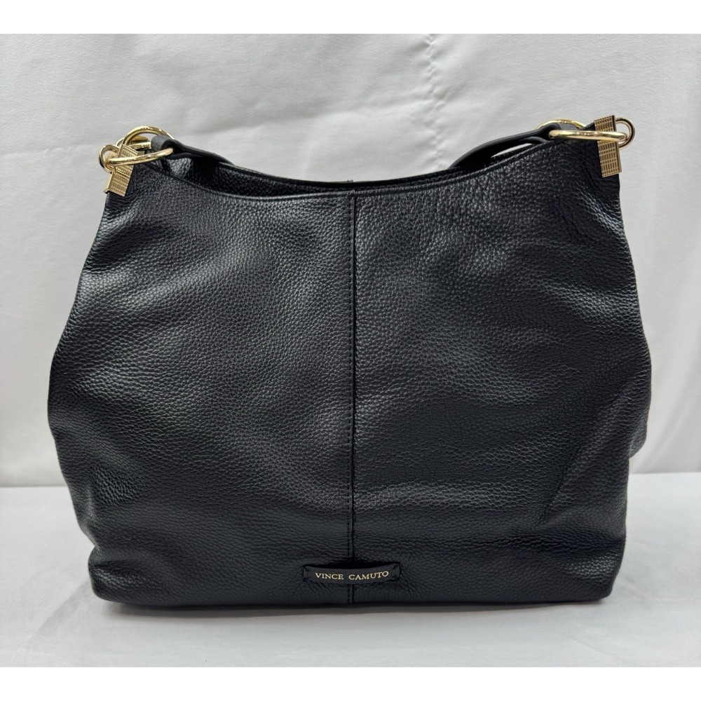 Vince Camuto Black Pebbled Leather Large Shoulder Tote Hobo Purse Gold Hardware